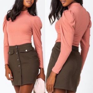 Ribbed Puffed Draped Long Sleeve Fitted Blouse top